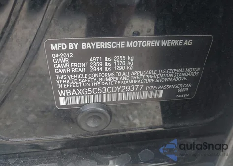 2012 BMW 528I из США, поврежденный, VIN WBAXG5C53CDY29377